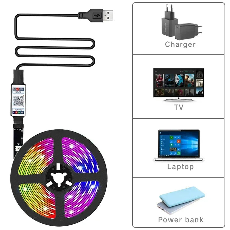 RGB LED Strip Light 5050 – USB, Remote & APP Control Bluetooth Flexible Tape for TV, Bedroom & Living Room