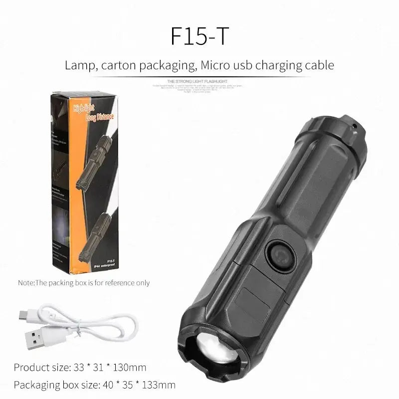 Rechargeable Tactical LED Flashlight – Telescopic Zoom, 4 Lighting Modes, Long-Range Waterproof Torch for Camping & Fishing