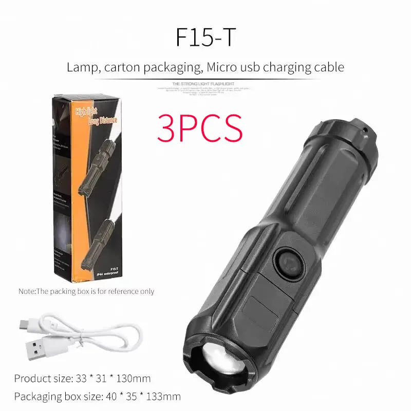 Rechargeable Tactical LED Flashlight – Telescopic Zoom, 4 Lighting Modes, Long-Range Waterproof Torch for Camping & Fishing