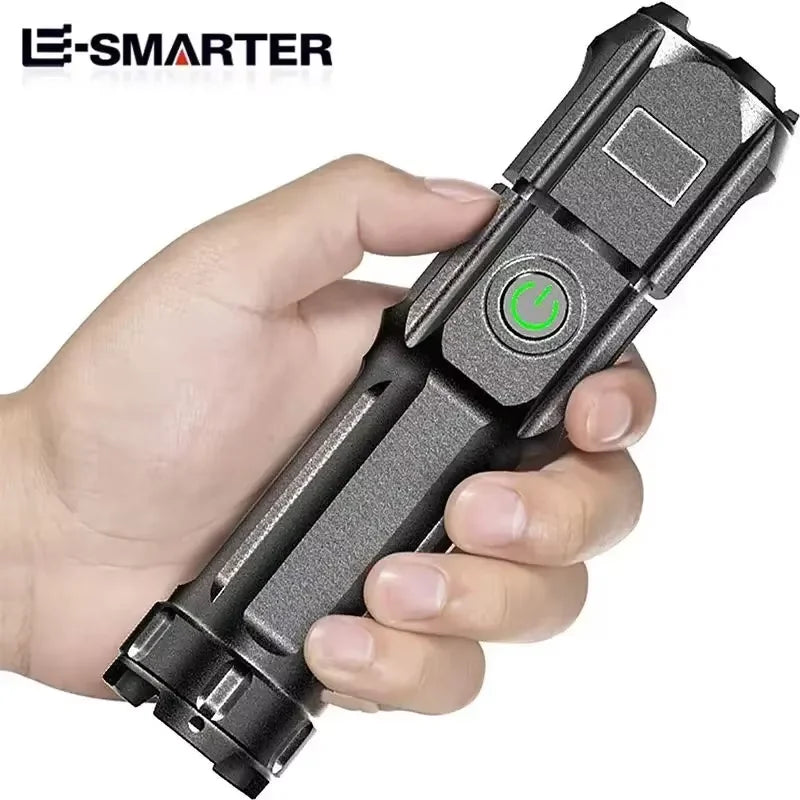 Rechargeable Tactical LED Flashlight – Telescopic Zoom, 4 Lighting Modes, Long-Range Waterproof Torch for Camping & Fishing