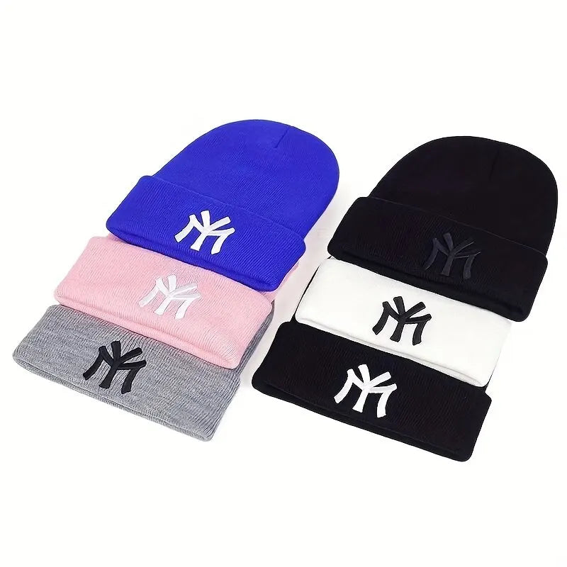 Unisex Embroidered “MY” Letter Beanie – Warm Knit Winter Hat