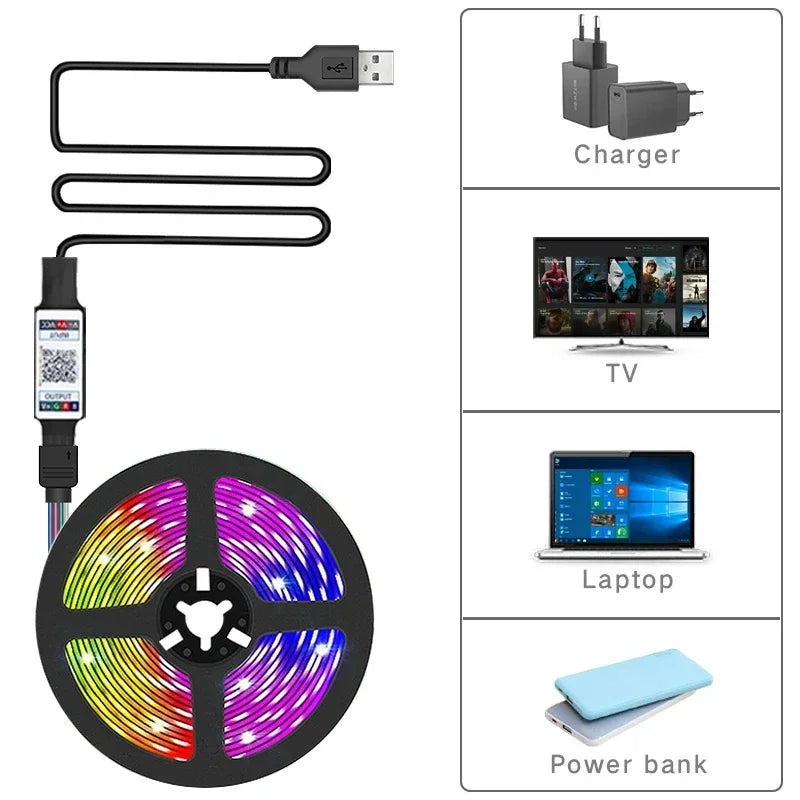 RGB LED Strip Light 5050 – USB, Remote & APP Control Bluetooth Flexible Tape for TV, Bedroom & Living Room