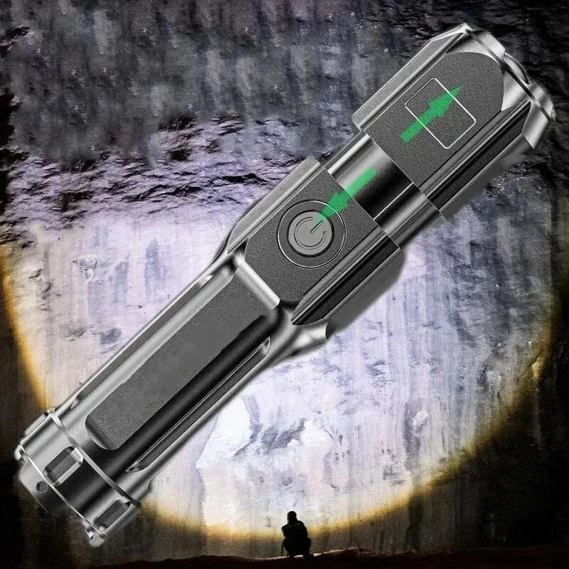 Rechargeable Tactical LED Flashlight – Telescopic Zoom, 4 Lighting Modes, Long-Range Waterproof Torch for Camping & Fishing
