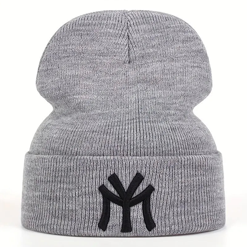 Unisex Embroidered “MY” Letter Beanie – Warm Knit Winter Hat